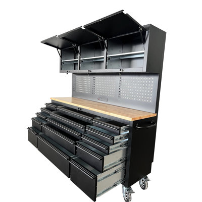 Heavy Duty 72 - Inch Tool Chest With Integrated Power Strip, Lined Drawers And Gas Strut Cabinet Doors 72" Modular Workstation Built In Board, Solid Wood Lockable Upper Cabinets