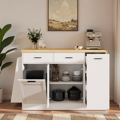 Multi-functional Storage Sideboard With Trash Can Storage, Double-door Cabinet, 3-tler Storage Shelf And Drawers