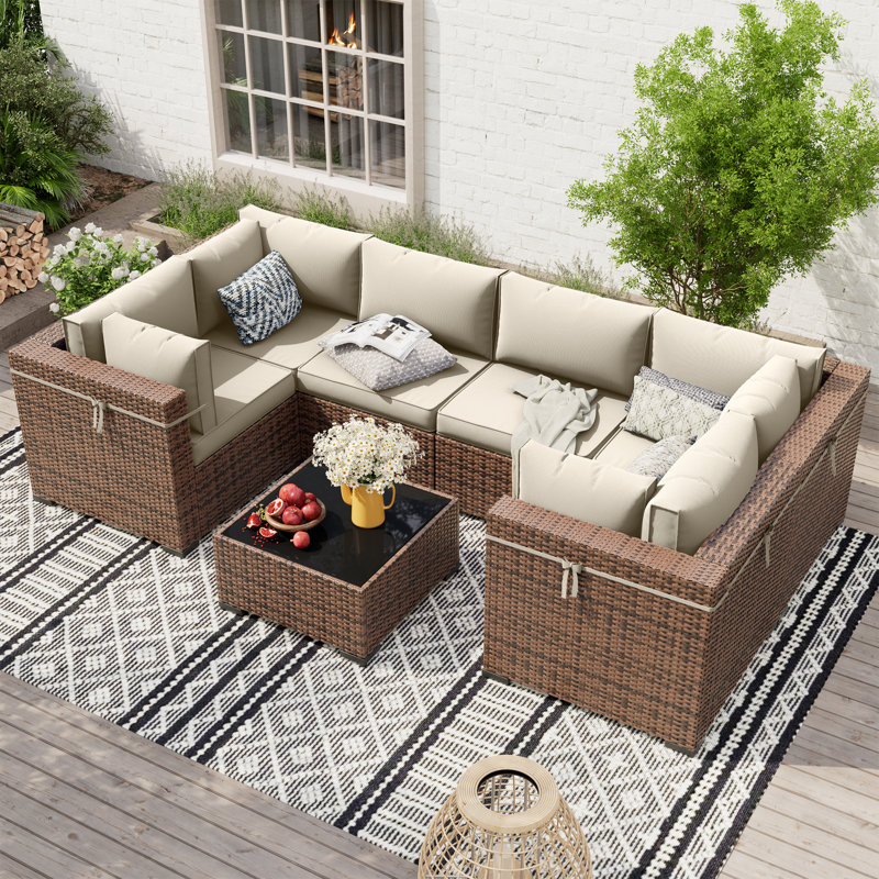 Mecayla 7 Piece Rattan Sectional Seating Group with Cushions, Cream White