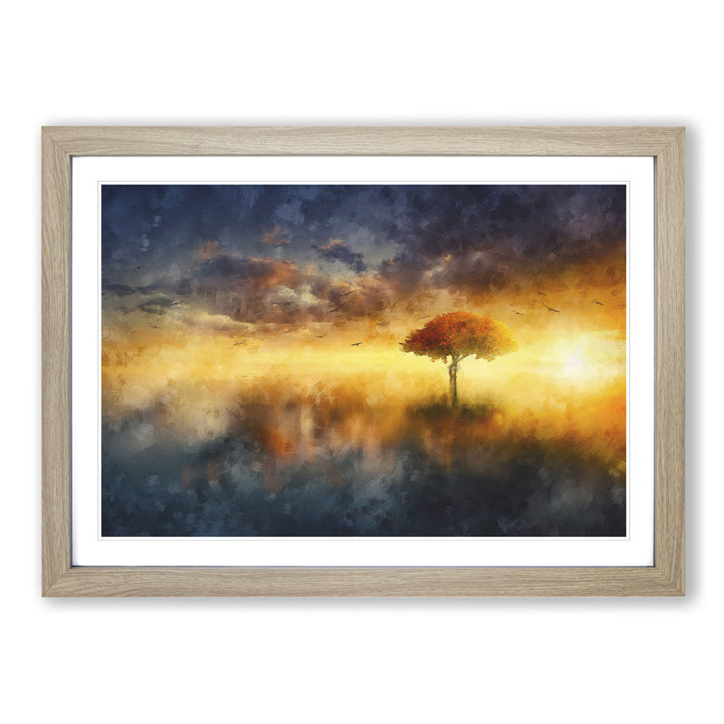 Flying Birds over a Lone Tree - Picture Frame Graphic Art Print, Oak Framed, 45cm H x 63cm W x 2cm D