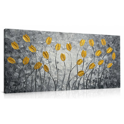Art texturé sur toile botanique feuille d'or texturé, peinture florale abstraite gris foncé, toile tendue peinte à la main