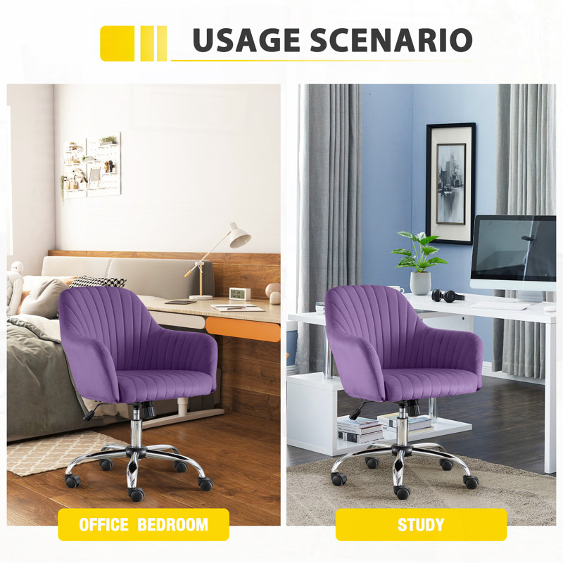 Chaise de bureau ajustable en velours avec conception ergonomique et base stable, Velours mauve