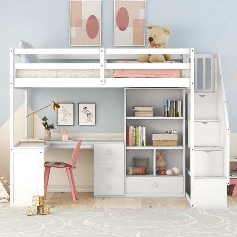 Gildo Kids Loft Bed with Drawers, White, Twin