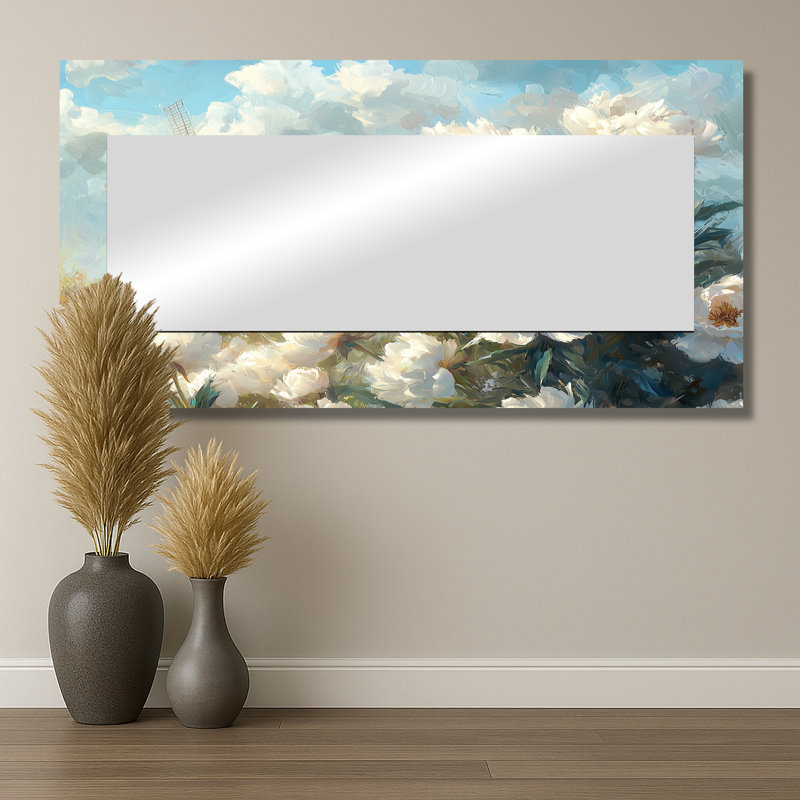 Pivoines et moulin à vent II - miroir mural floral - imprimé sur métal, 28 po x 55 po