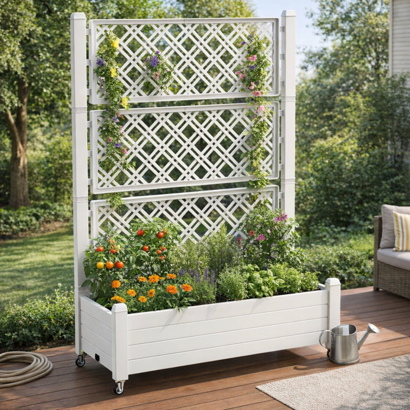 Raised Garden Bed With Trellis And Wheels, Resin Planter Box For Climbing Plants