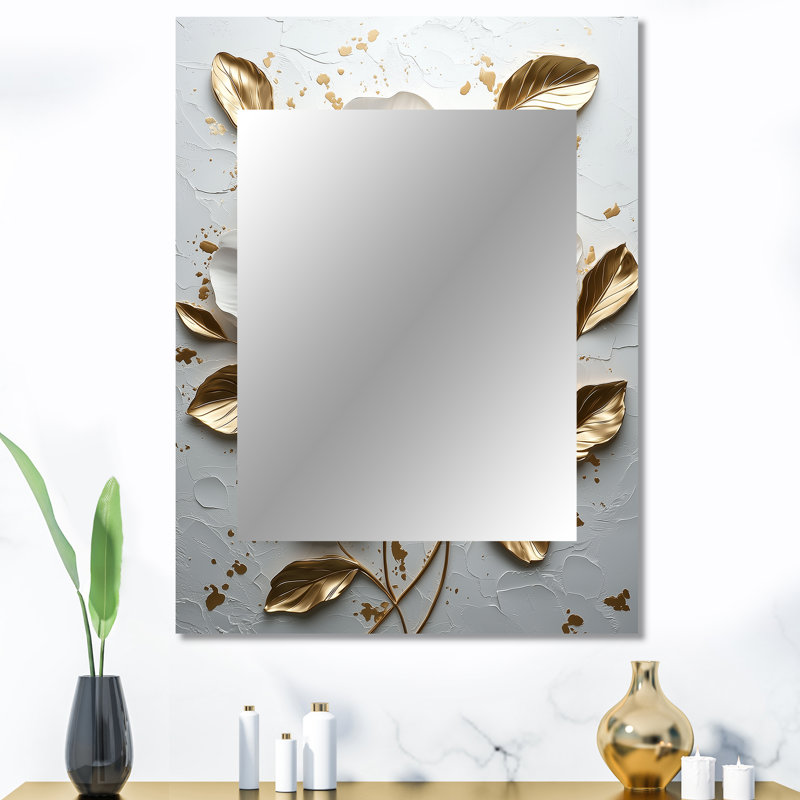 Pivoine blanche et dorée Blooming IV - miroir décoratif pivoine, miroir mural moderne, impression d'art en métal