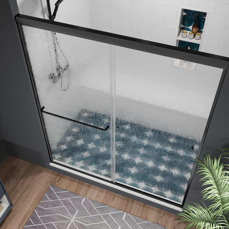 60'' - W x 70'' H Double Sliding Door Semi-Frameless Shower Door with Pattern Glass, Matte Black