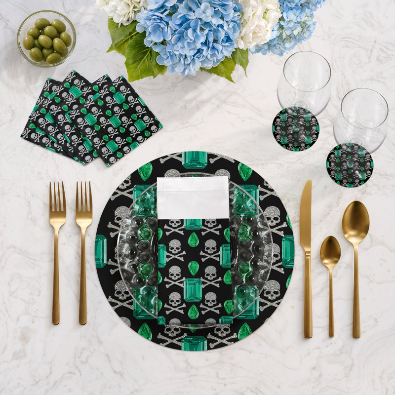 Gem Emeralds Skull Cotton Sateen Cocktail Napkins, Black