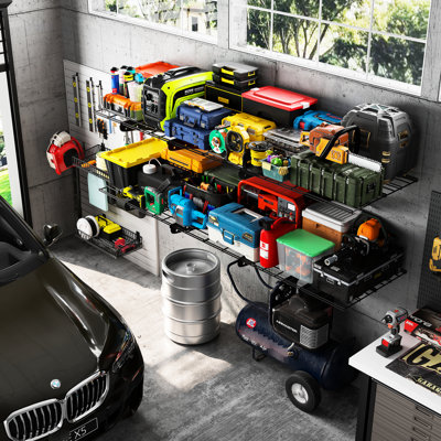 Tablette murale 24 * 48 pouces pour le garage et le magasin, robuste. Noir, 2 options de rangement, capacité de charge élevée. Installation facile avec l'ensemble de fixation et le niveau. Accessoires de vis. Métal