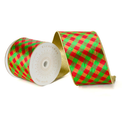Vickerman 4"X10 Yds Diagonal Check Gold Trim/Backing Ribbon.