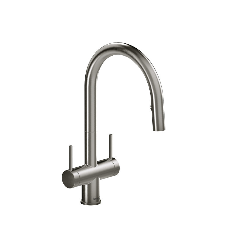 Azure Two Handle Pull-Down Kitchen Faucet With C-Spout, Stainless Steel
