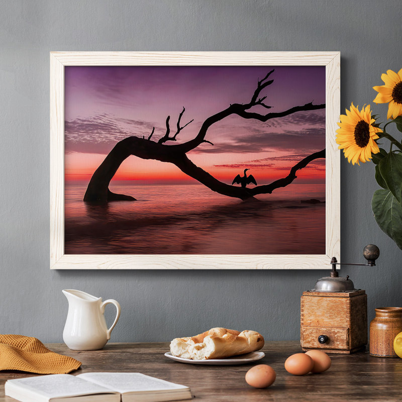 Photographie, étude, coucher de soleil, plage, reproduction encadrée sur toile, H 26 po x l 38 po x P 1,5 po, Blanc