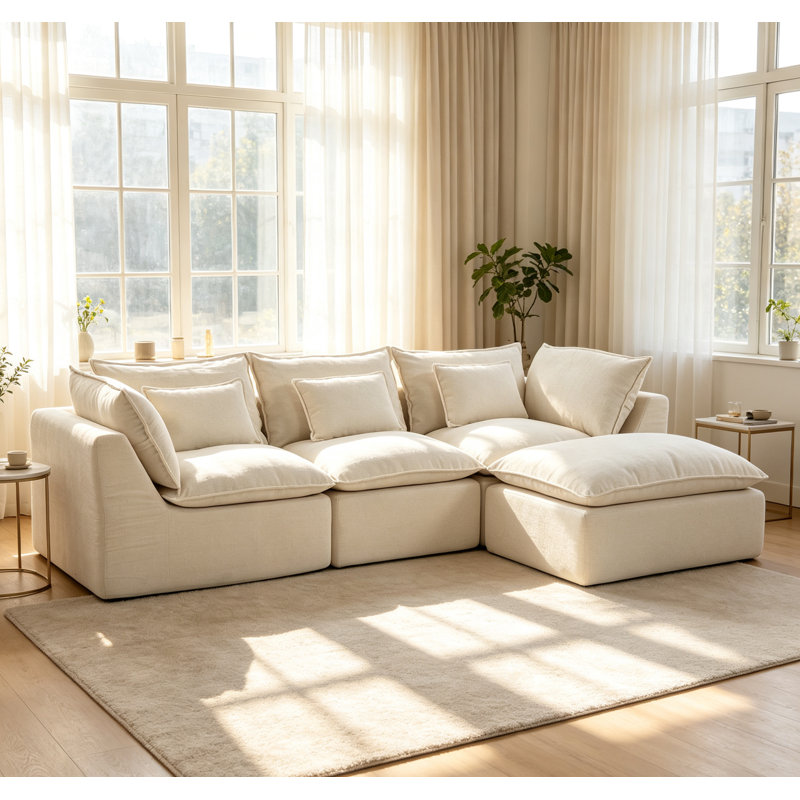 Canapé modulaire de 2,60 m (102,3 po), tissu gaufré, ensemble 2 pièces, canapé d'angle, blanc antique, avec pouf