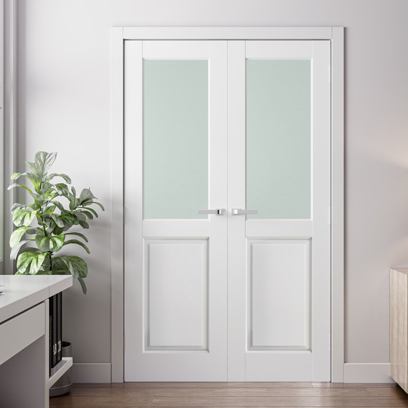 Portes en bois massif de 80 po en verre massif givré apprêté 1-Lite sans trousse de quincaillerie, 64 po x 80 po
