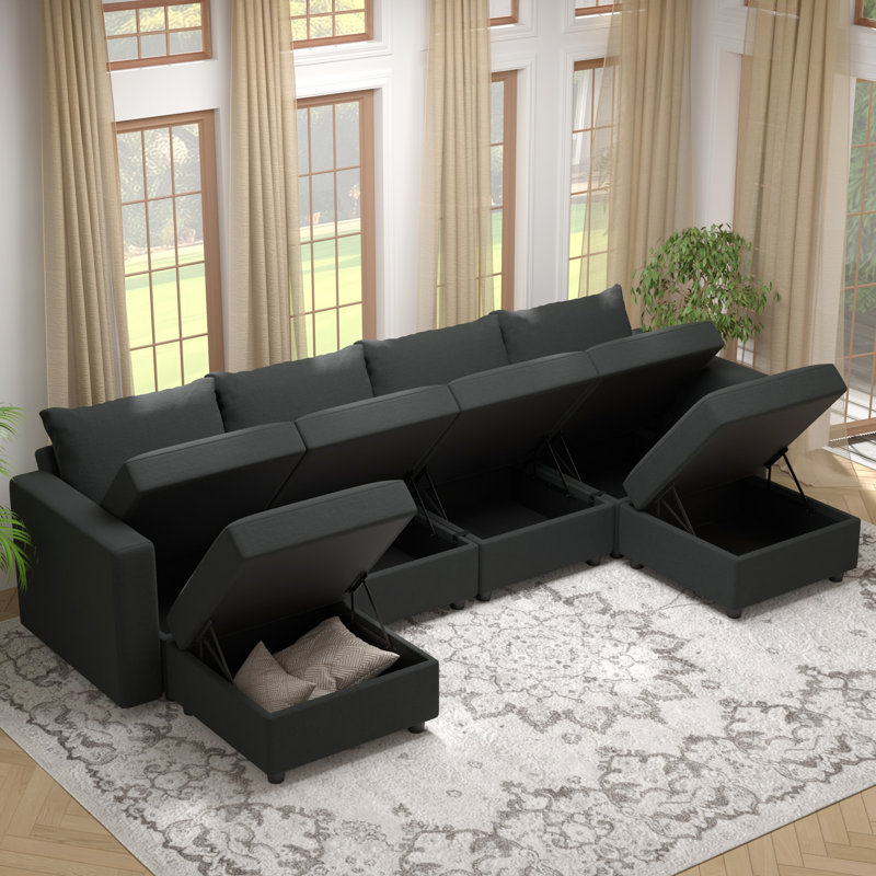 BOX MODULE STO SOFA 116'' 6 Piece Upholstered Modular Sectional Sofa with Storage, Gray Cotton Blend