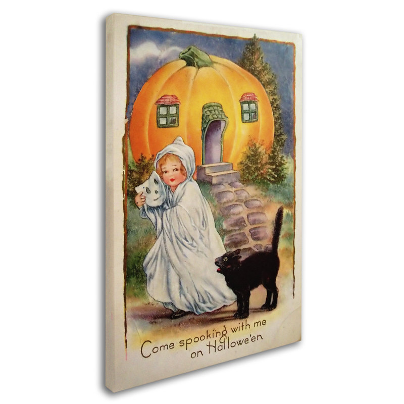 Vintage Halloween Cauldron Canvas Print with Black Cat