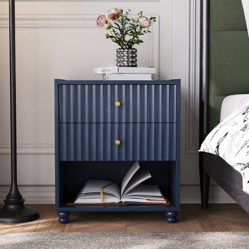 Ensemble de 2 tables de chevet modernes, table de bout cannelée avec tablette ouverte, table de chevet avec 2 tiroirs pour la chambre à coucher