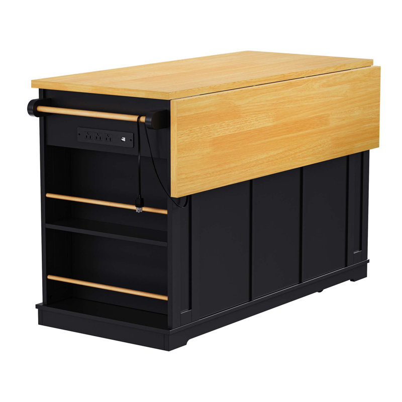 Ensemble de 3 îlots de cuisine avec grand abattant, prise de courant et support de rangement interne (avec 2 tabourets), Noir