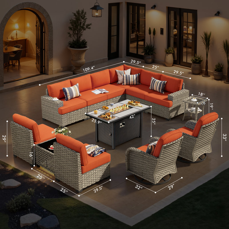 10-Person  Outdoor Sectional With Fire Pit,All-Weather Wicker Patio Set, Orange Red