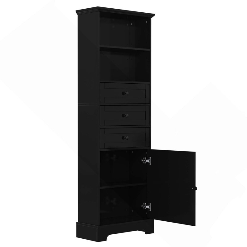 Modern MDF Board Tall Storage Cabinet With 3 Drawers And Adjustable Shelves For Bathroom, Study, Office, Black