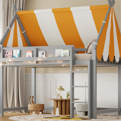 Gray Loft Bed With Canopy, Led Lighting, And Front Bookshelf - Solid Wood For Secure Use Lights, Integrated Storage Ideal 's Study Recreation
