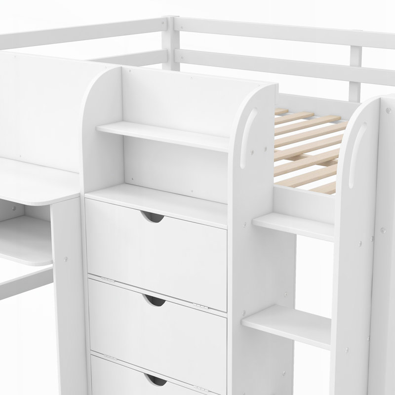 Lit mezzanine bas avec bureau intégré, Blanc
