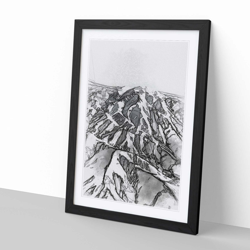 Mountain Range in Afghanistan in Abstract - Picture Frame Drawing Print, 48cm H x 36cm W x 2cm D, Black Framed