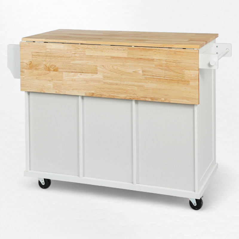 Large îlot de cuisine roulant avec plateau en bois massif, îlot, chariot à café, Blanc