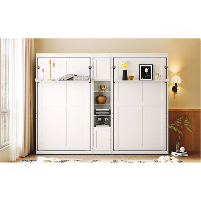 Lits simples escamotables doubles avec armoires et tablettes, blanc