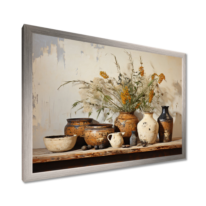 Art floral brun sur poterie rétro, H 24 po x l 32 po, Argent argent, Impression encadrée