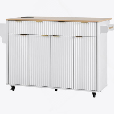 55.5" Rolling Kitchen Island With Drop Leaf, Built-In Charging Station & Ample Storage