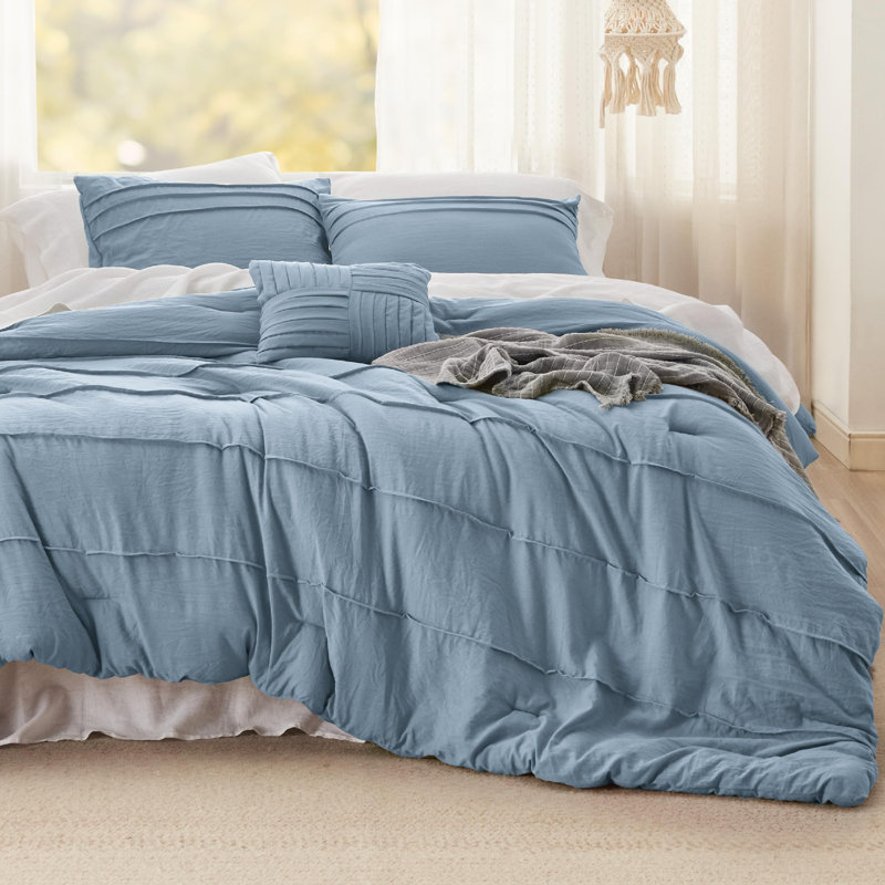 Bedsure Pinch Pleat Comforter Set Boho Bed-in-A-Bag Bedding Set with  Pillowcases for All Season, Light Blue
