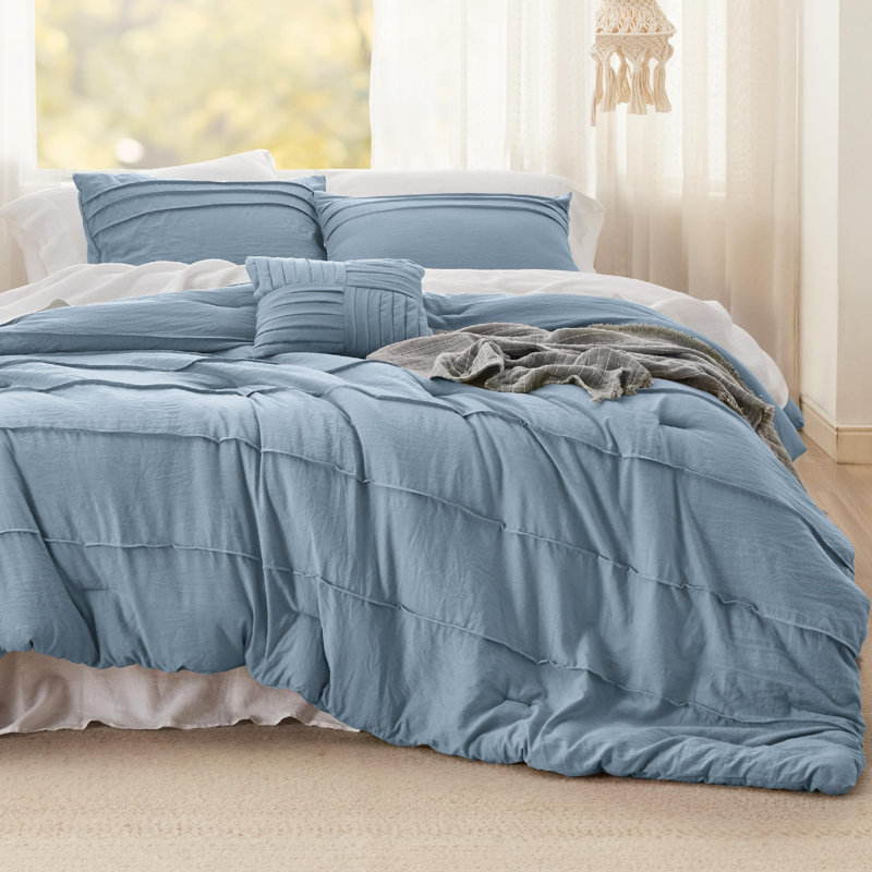 Ensembles d'édredon à plis pincés et ensemble de literie avec taies d'oreiller Boho, Bleu pâle
