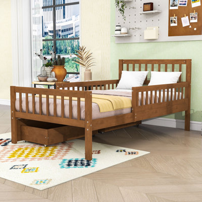 Wood Platform Bed with Guardrails and Storage Drawers