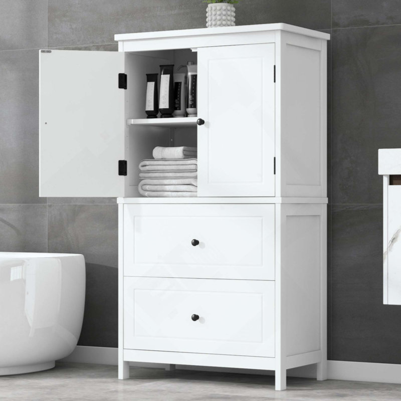 Bathroom Storage Cabinet, Cabinet With Two Doors And Drawers, Adjustable Shelf, MDF Board, White