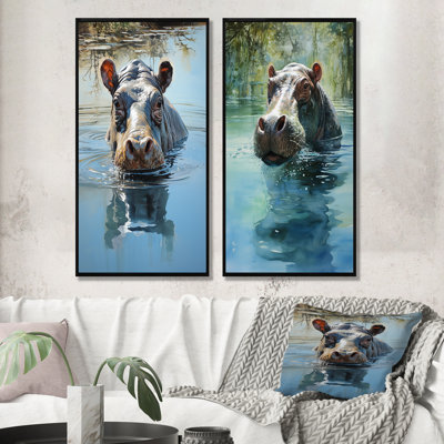 Gris puissant Hippo Waters Reflect I - Hippopotamus, ensemble de 2 reproductions d'art mural
