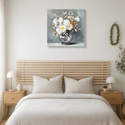 Vase en verre blanc chrysanthème, art mural sur toile, salle de bain, décoration murale de style campagnard, œuvres d'art rétro, affiches botaniques vertes, impressions pour salle de bain, décoration de chambre à coucher, 24 po x 24 po