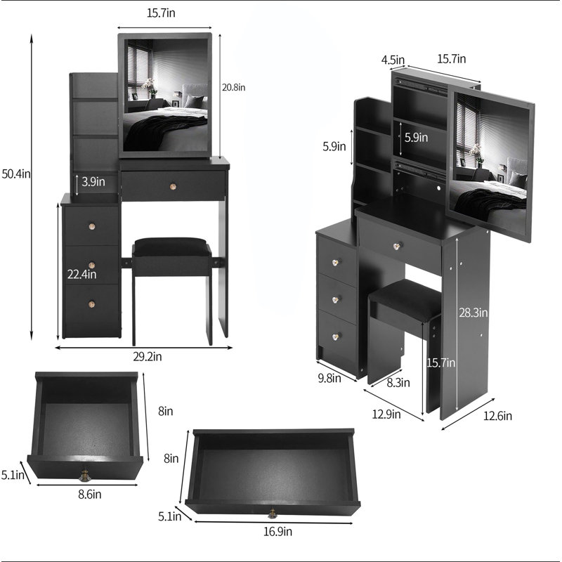 Petite coiffeuse 29,2 po avec tabouret de chevet gauche + tabouret rembourré, très grand miroir coulissant à droite, rangement multi-couches à grande capacité, commode pratique et pratique, convient aux petits espaces