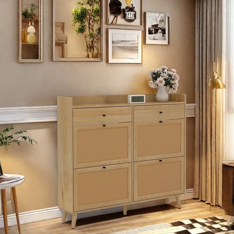 Armoire de rangement à chaussures en rotin avec 4 tiroirs rabattables et 2 tiroirs