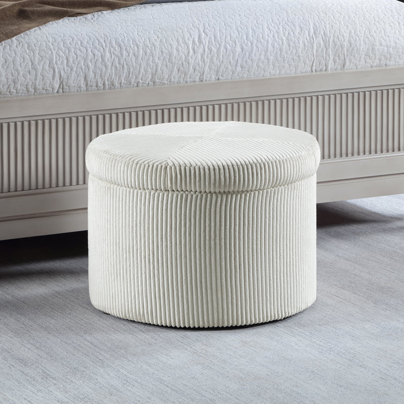 Cory 22" W Round Corduroy Shoe Storage Ottoman with Reversible Tray Lid, Ivory