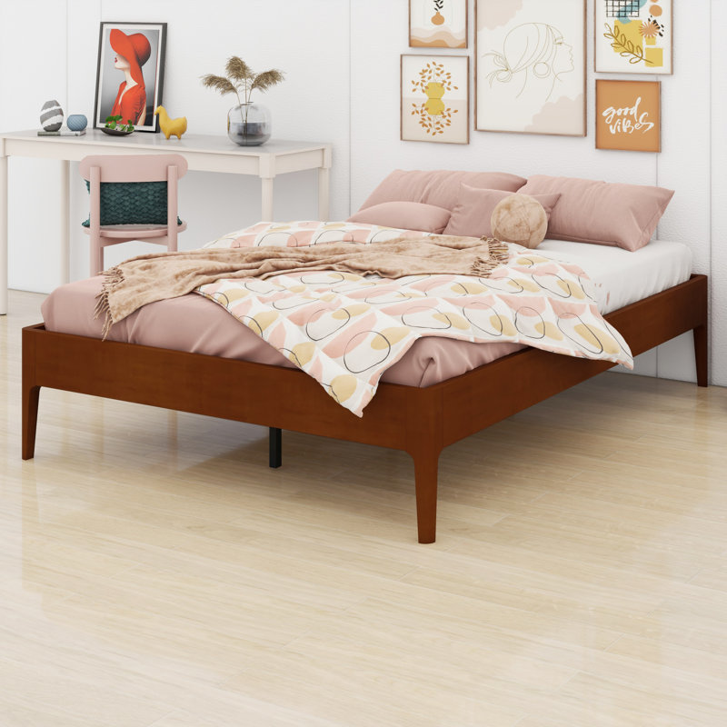 Sturdy Wood Platform Bed Frame Featuring Wood Slat and Metal Support, Brown