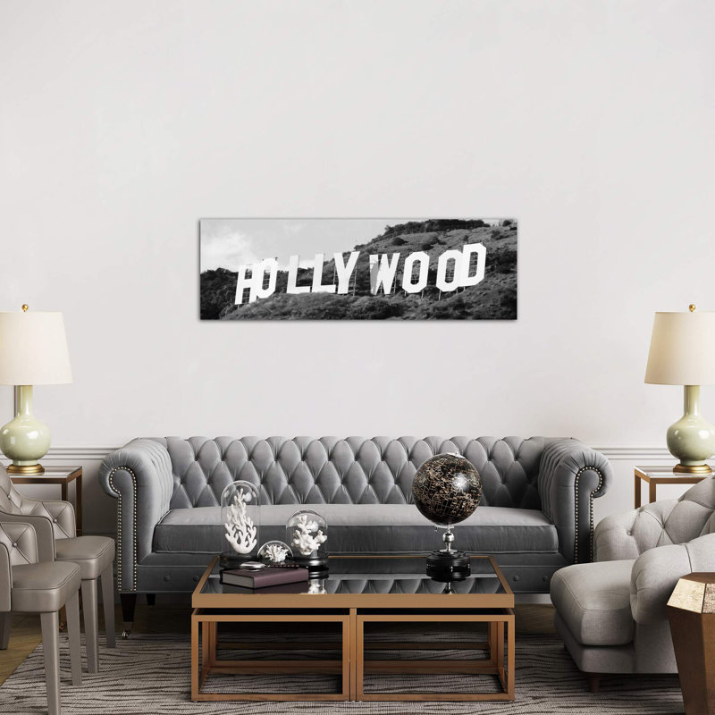 Hollywood Panoramic Skyline - Panoramic Print on Canvas, 121.92 cm H x 40.64 cm W, Brown Floater Framed