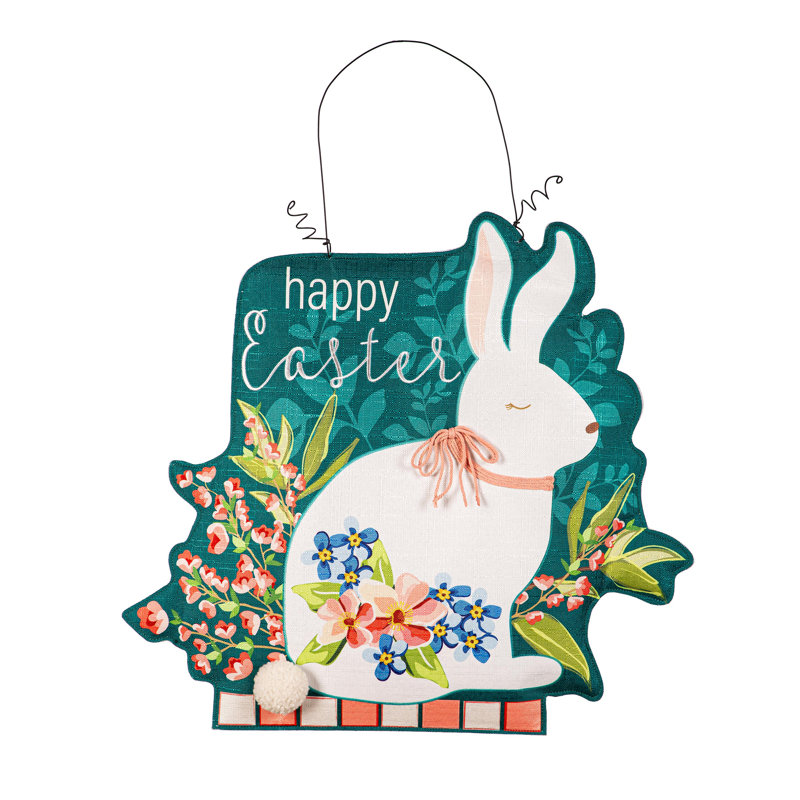 Décoration de la maison printanière, lapin de bienvenue / Pâques avec porte florale double face