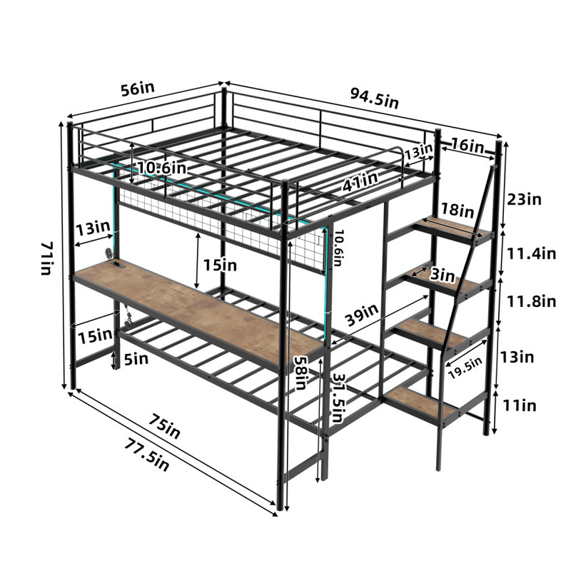 Lit superposé double au-dessus d'un lit double avec bureau intégré et éclairage à DEL - conception loft peu encombrante pour enfants et adolescents, structure robuste, assemblage facile, parfait pour les chambres à coucher et les dortoirs NOIR