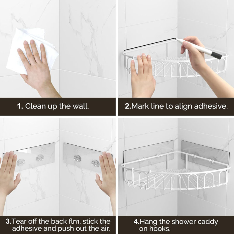 Organisateur de tablettes de salle de bain mural en acier inoxydable avec support à crochets mural sans perçage, Blanc