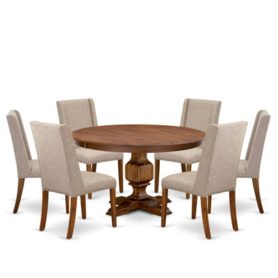 L'ensemble de salle à manger 7 pièces se compose d'une table de cuisine moderne et de 6 chaises de salle à manger en tissu de lin brun clair avec dossier rembourré - noyer antique