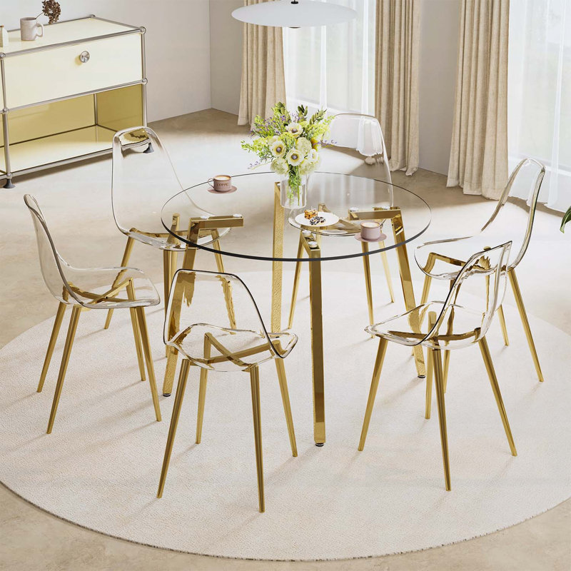 Table circulaire moderne en verre trempé transparent avec pieds en métal doré pour une utilisation polyvalente dans la cuisine, la salle à manger et le salon