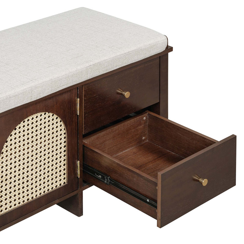 Banc à chaussures rétro avec coussin, 2 tiroirs et 2 portes en rotin, Espresso