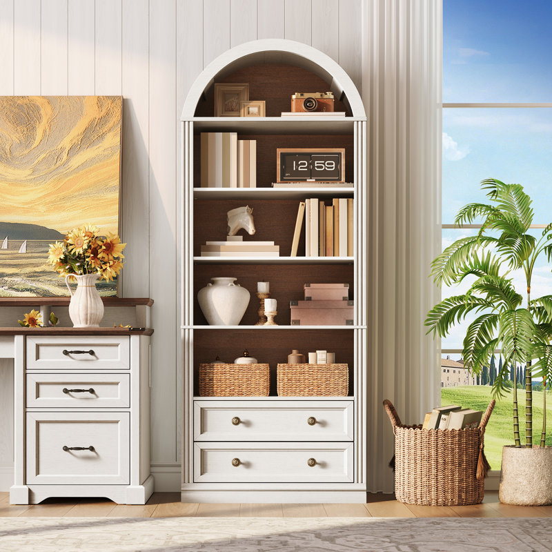 Bibliothèque 69,7 "Farmhouse, 7 niveaux avec 2 tiroirs et armoire, étagère de rangement moderne en bois, Blanc/noyer