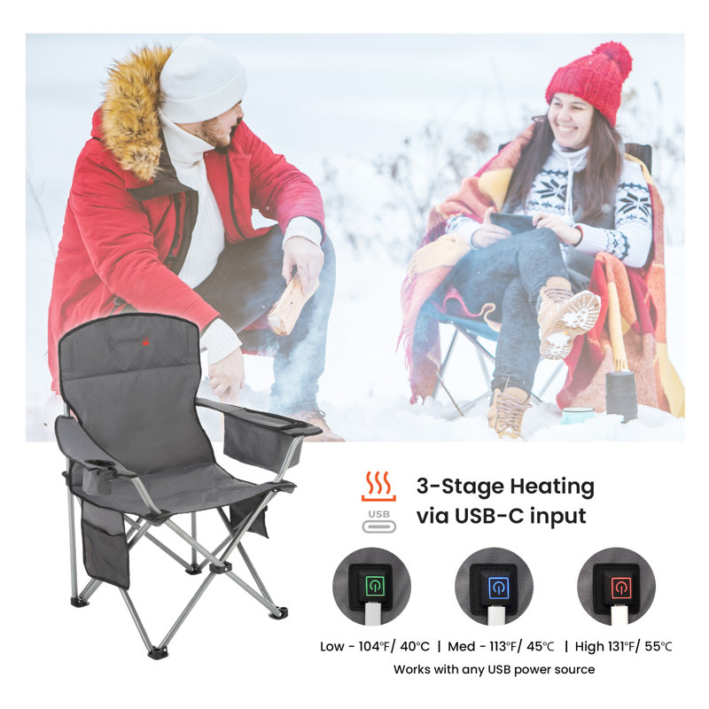 Gray Heated Folding Camping Chair with Cooler and Cup Holders